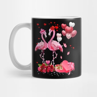 Happy Valentine's Flamingo Couple Red Roses Heart Balloons Mug